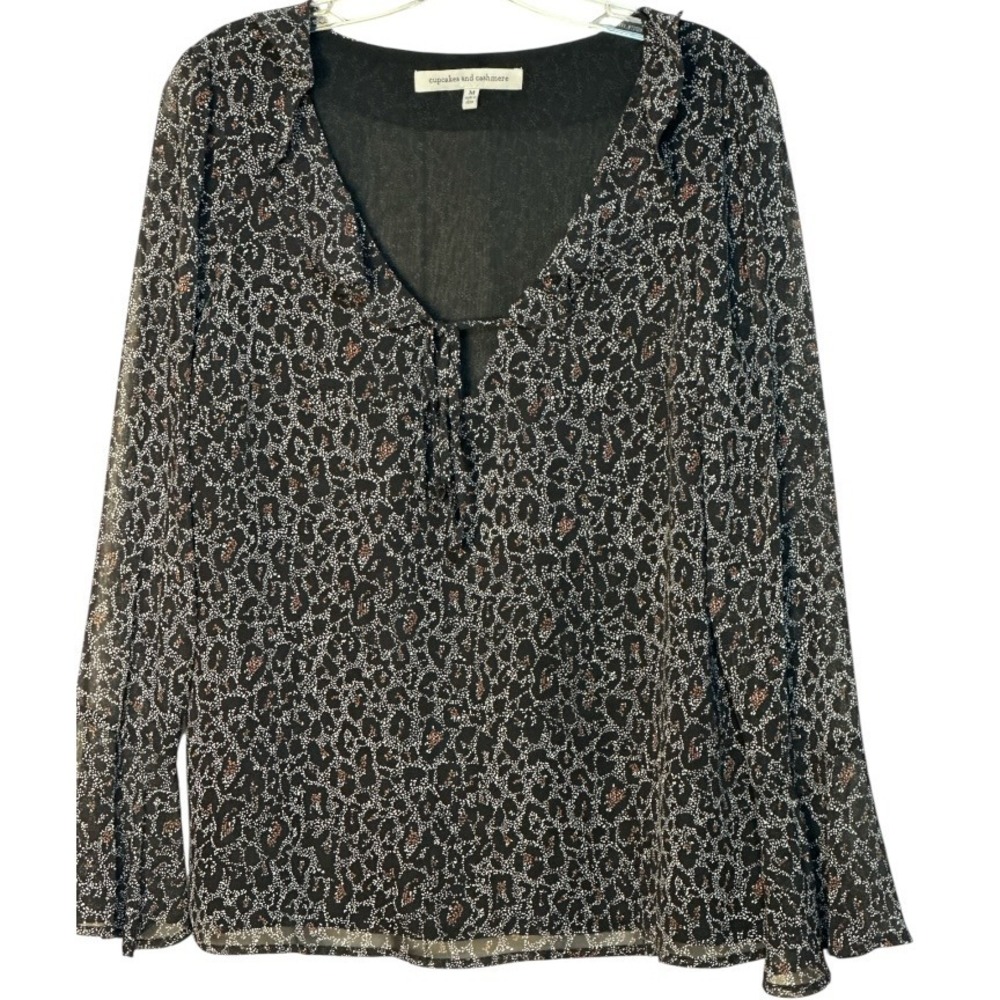 Cupcakes and Cashmere Blouse Long Sleeve Sheer Leopard Print Lined Black Pink M‎